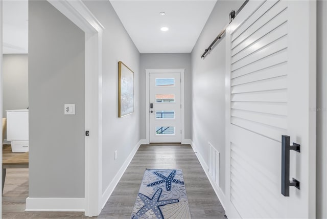 doorway to outside featuring a barn door and wood-type flooring