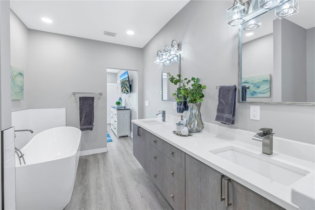 bathroom with vanity, a tub to relax in, and wood-type flooring