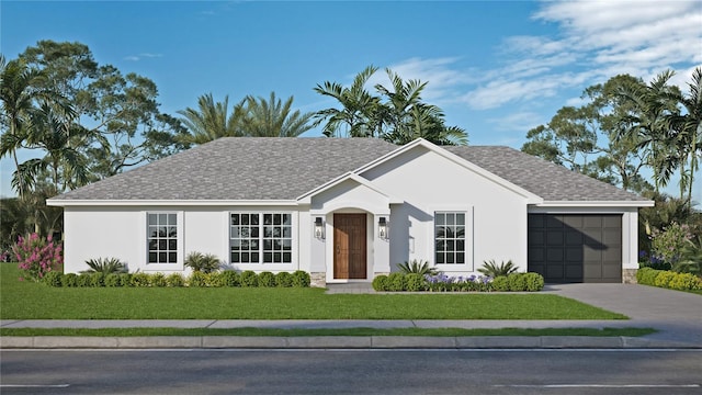 single story home with a front yard and a garage