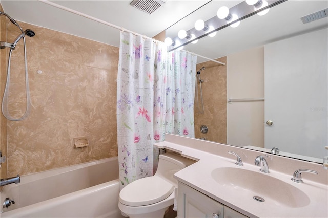 full bathroom featuring vanity, toilet, and shower / tub combo with curtain