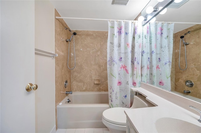 full bathroom with toilet, shower / bath combo, vanity, and tile patterned flooring