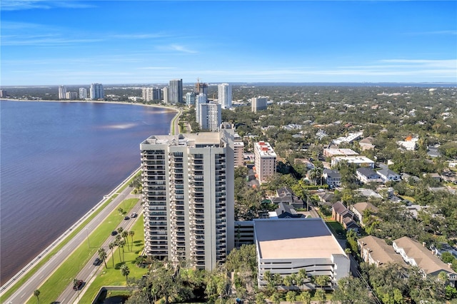 bird's eye view with a water view