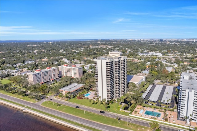 bird's eye view with a water view