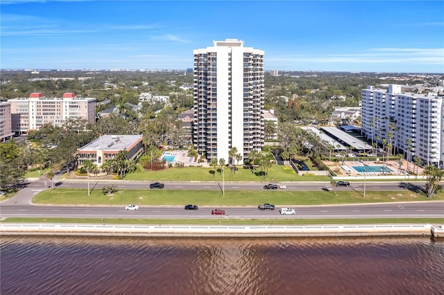 drone / aerial view with a water view