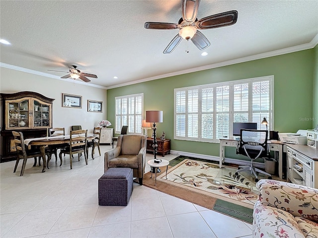 interior space with crown molding, a textured ceiling, and ceiling fan