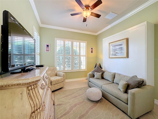 living room featuring crown molding, a textured ceiling, light tile patterned floors, and ceiling fan