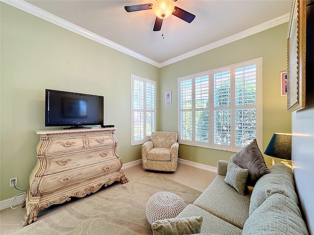 tiled living room featuring ornamental molding, a textured ceiling, and ceiling fan