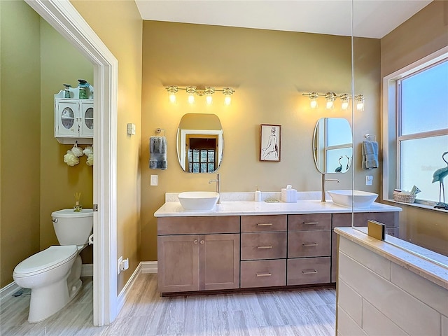 bathroom featuring vanity, hardwood / wood-style flooring, and toilet