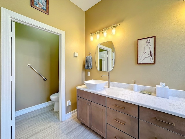 bathroom featuring toilet, hardwood / wood-style floors, and vanity