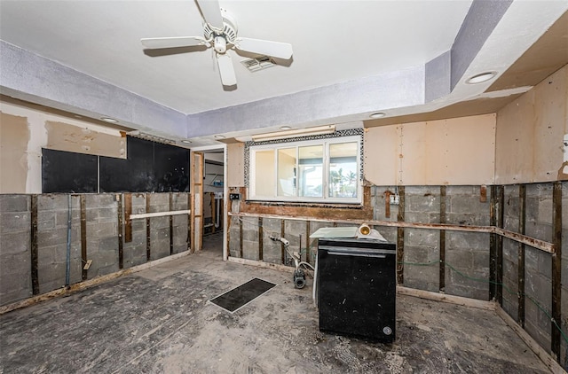 basement featuring ceiling fan