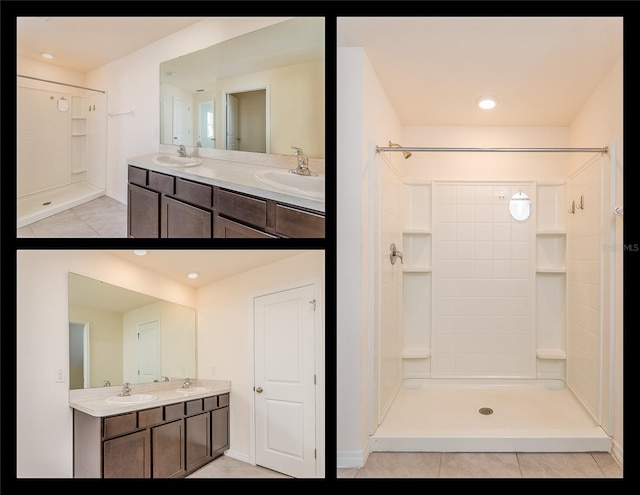 bathroom featuring vanity, tiled shower, and tile patterned flooring