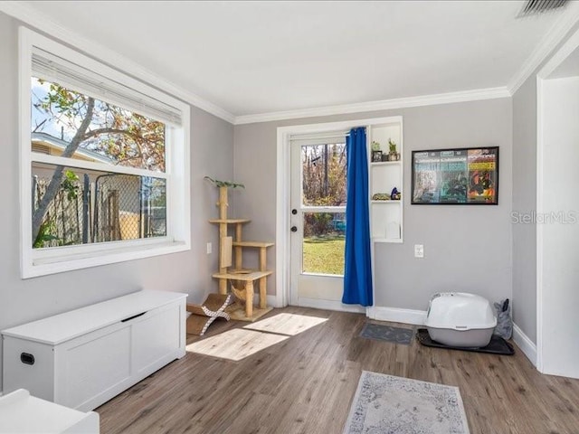 entryway featuring ornamental molding and light hardwood / wood-style flooring