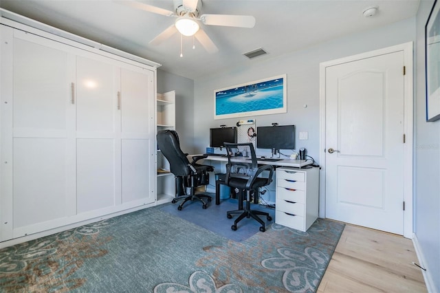 office area with ceiling fan and light wood-type flooring