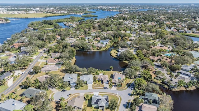 drone / aerial view featuring a water view