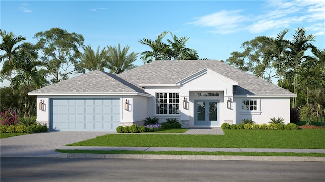 ranch-style house with a front yard and a garage