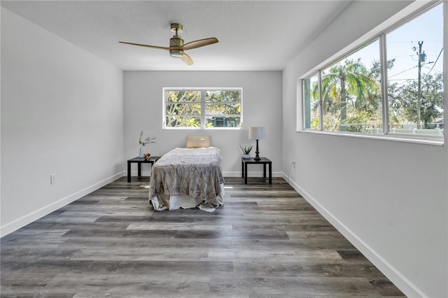 bedroom featuring dark hardwood / wood-style floors and ceiling fan