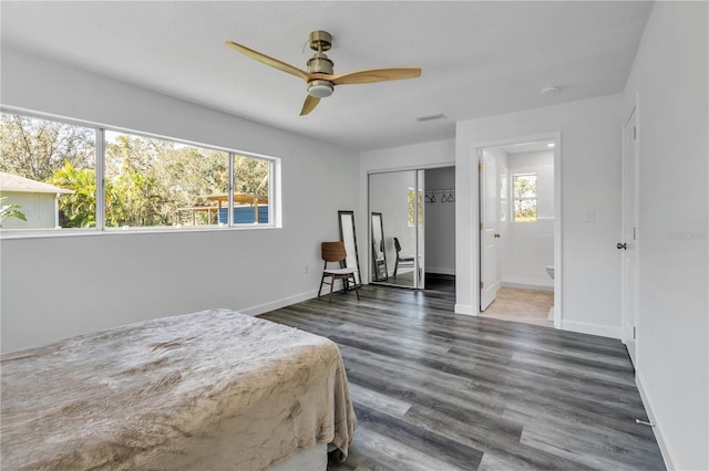 bedroom featuring multiple windows, dark wood-type flooring, a closet, and ceiling fan