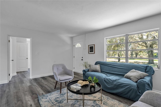 living room featuring dark hardwood / wood-style floors, a textured ceiling, and a wealth of natural light