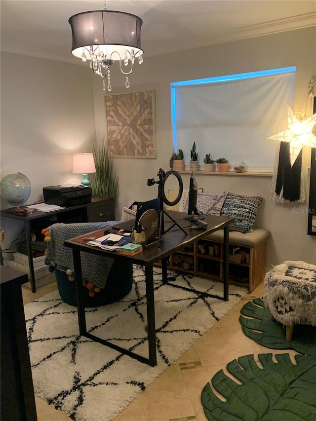 dining area with ornamental molding and a chandelier