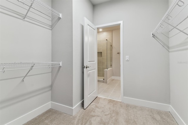 spacious closet featuring light carpet