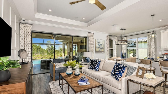 living room featuring hardwood / wood-style floors, a tray ceiling, and crown molding