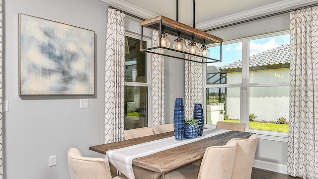 dining area with crown molding and dark wood-type flooring