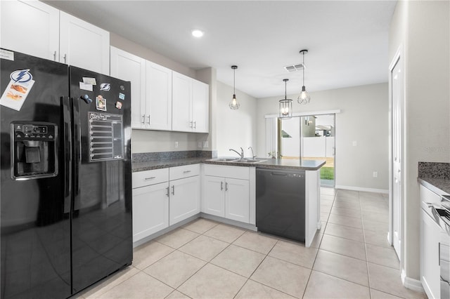 kitchen featuring kitchen peninsula, sink, black appliances, light tile patterned floors, and white cabinets