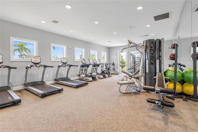 exercise room featuring carpet