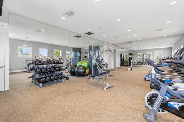 gym featuring light colored carpet