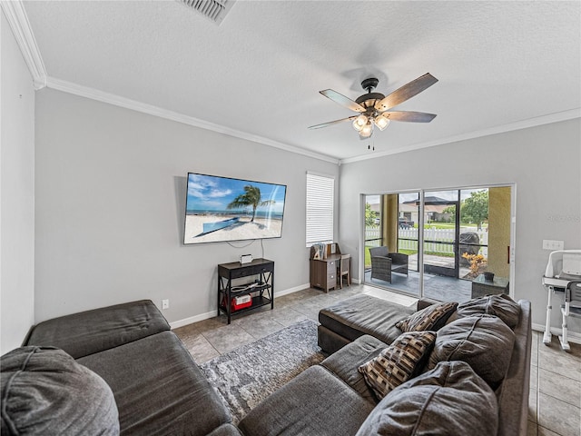 8720 Savory Walk Dr, Land O Lakes, FL 34637 - living area with ceiling fan, a textured ceiling, visible vents, baseboards, and ornamental molding