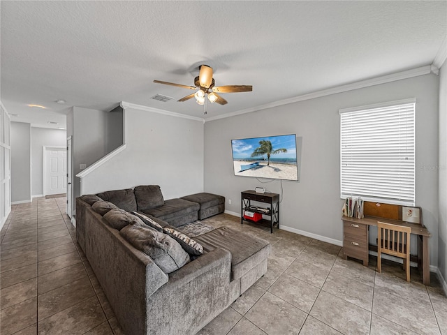 living room with crown molding, a textured ceiling, light tile patterned floors, and ceiling fan