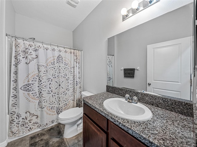 8720 Savory Walk Dr, Land O Lakes, FL 34637 - bathroom with vanity, vaulted ceiling, toilet, and curtained shower