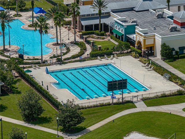 view of pool with a patio and a yard