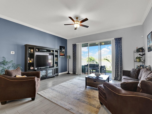 living room featuring ceiling fan, ornamental molding, and hardwood / wood-style floors