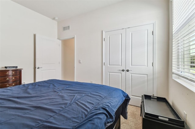 bedroom featuring a closet and light colored carpet