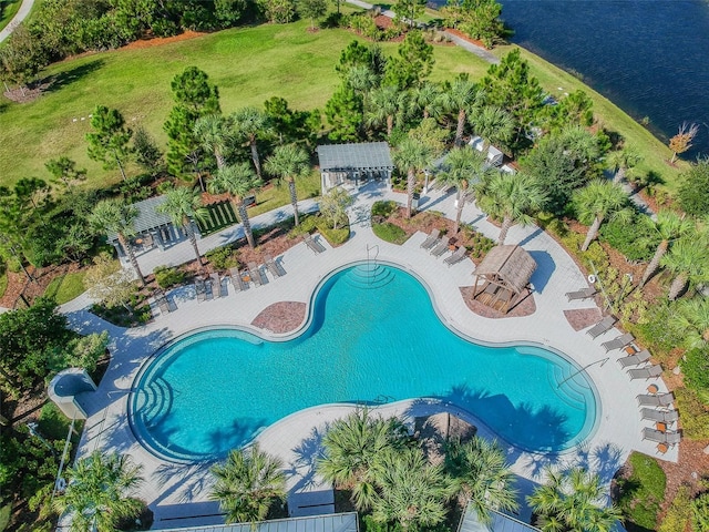 birds eye view of property featuring a water view