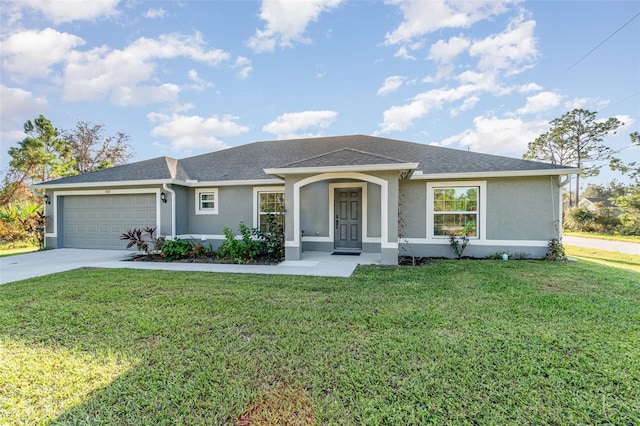 single story home with a front yard and a garage