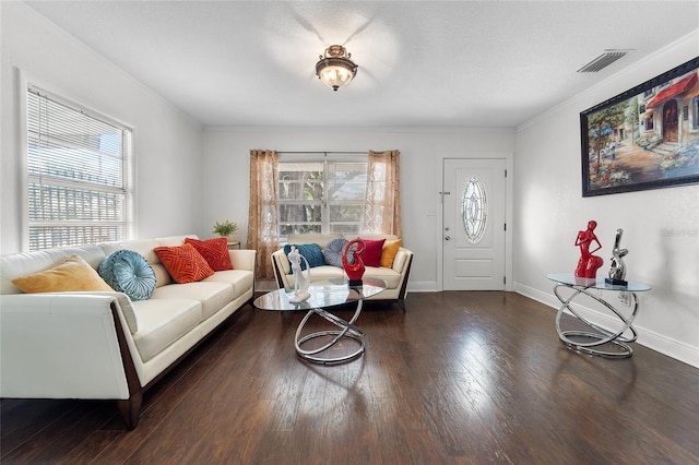 living room featuring ornamental molding and dark hardwood / wood-style flooring