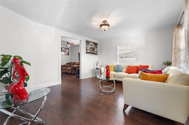 living room featuring crown molding, ceiling fan, and dark hardwood / wood-style flooring