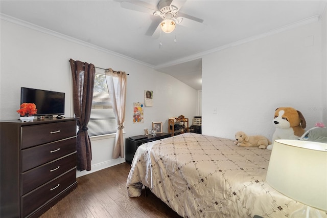 bedroom featuring crown molding, ceiling fan, and dark hardwood / wood-style flooring