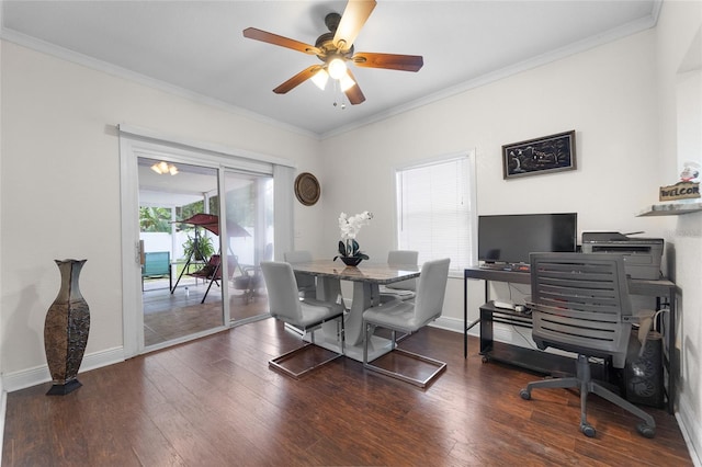 dining room featuring ceiling fan, ornamental molding, and dark hardwood / wood-style floors