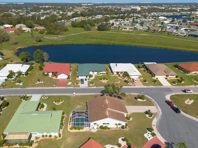 drone / aerial view featuring a water view