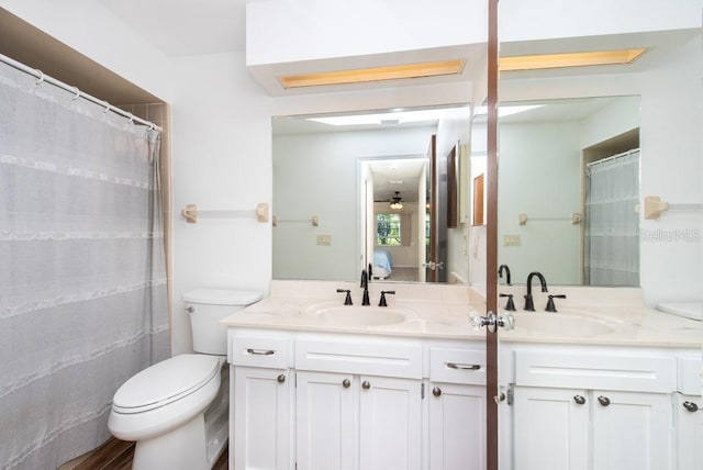 bathroom featuring vanity, a shower with curtain, and toilet