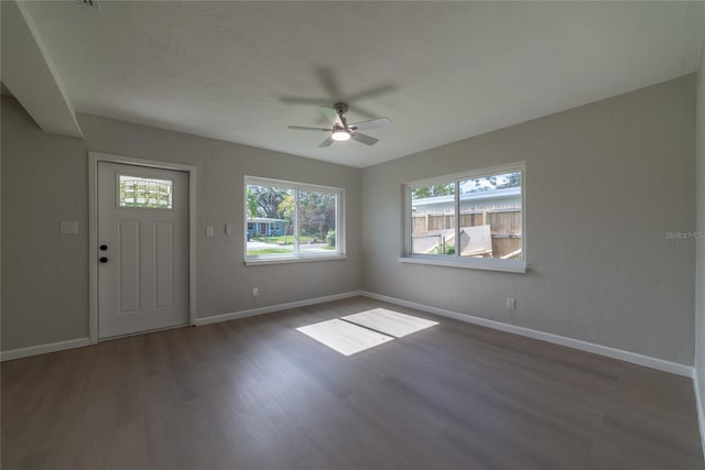 entrance foyer with dark hardwood / wood-style floors, ceiling fan, and a healthy amount of sunlight