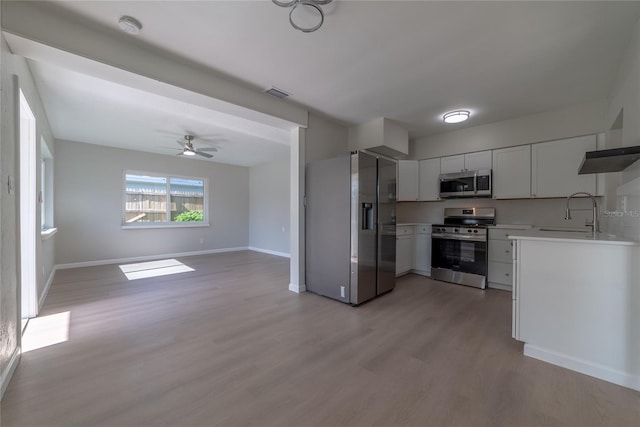 kitchen with sink, ceiling fan, light wood-type flooring, appliances with stainless steel finishes, and white cabinetry