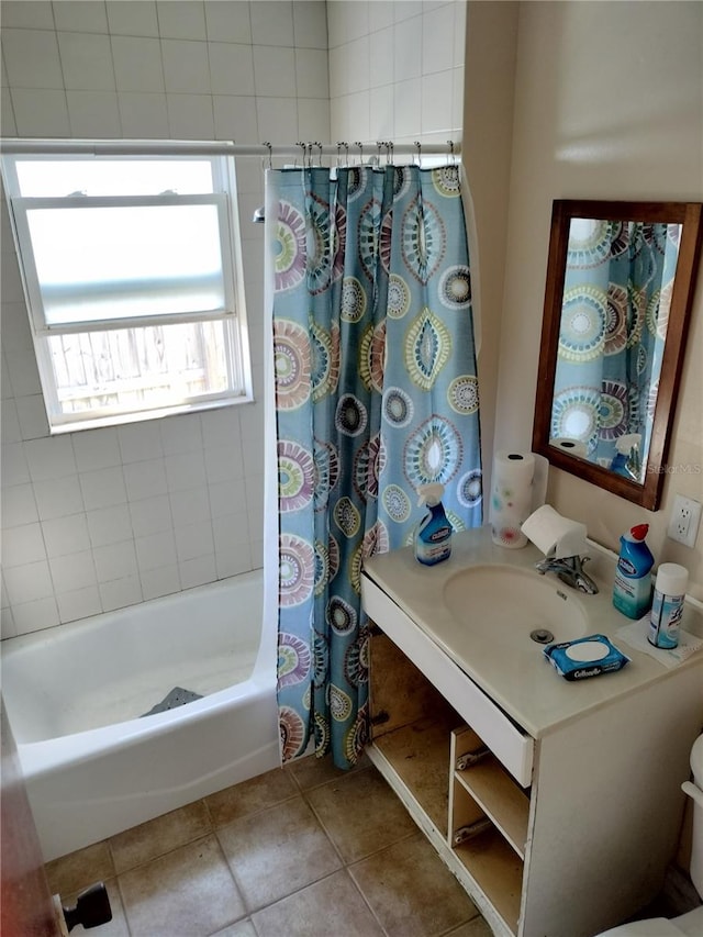 bathroom with vanity, shower / tub combo with curtain, and tile patterned flooring