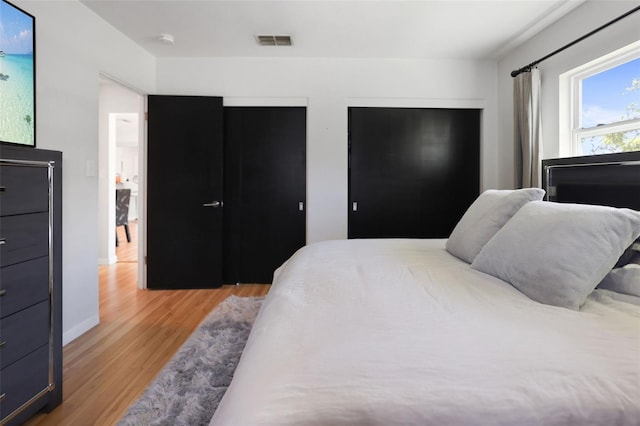 bedroom featuring hardwood / wood-style flooring and two closets