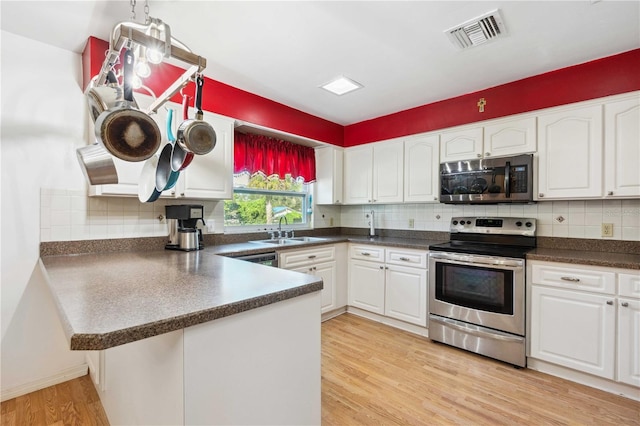 kitchen featuring kitchen peninsula, sink, white cabinetry, light wood-type flooring, and appliances with stainless steel finishes