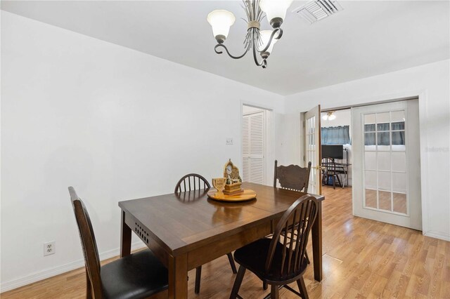 dining room with light wood-type flooring and a notable chandelier