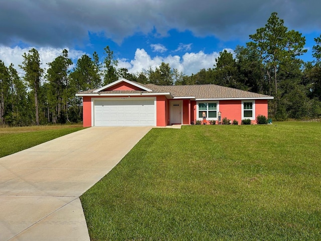 ranch-style home with a front yard and a garage